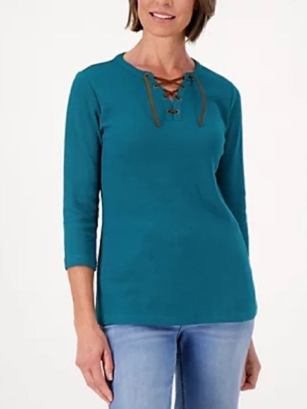 Denim & Co Faux Suede Trim Detail Canyon Retreat Waffle Knit Top